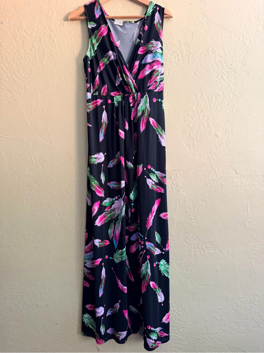Jon & Anna Black Maxi Dress with Pink & Green Feather Print